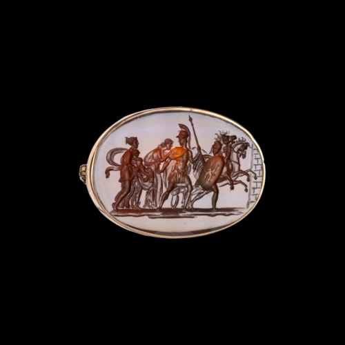 A gold brooch set with a large Neoclassical agate intaglio. Farewell of Hector and Andromache.